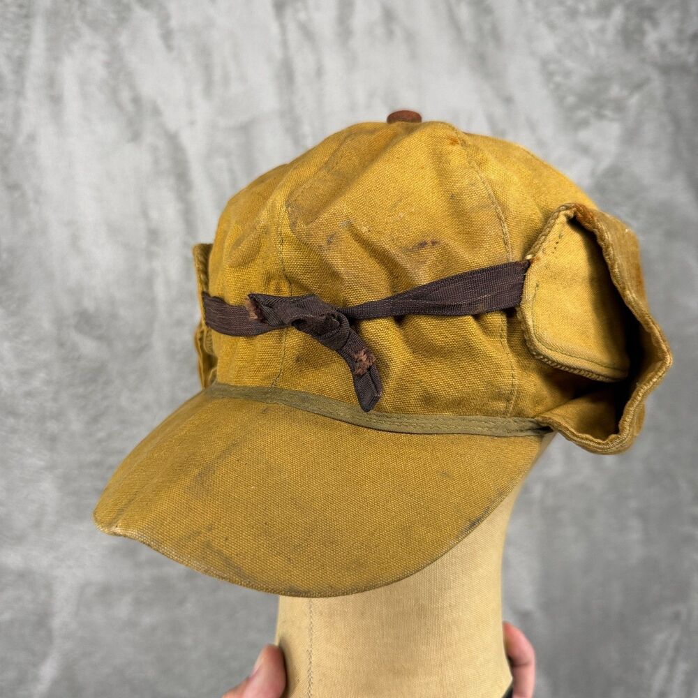 Vintage 40s Canvas Hunting Hat Neck Ear Flaps Roll Up Tie Corduroy 6 Panel Cap